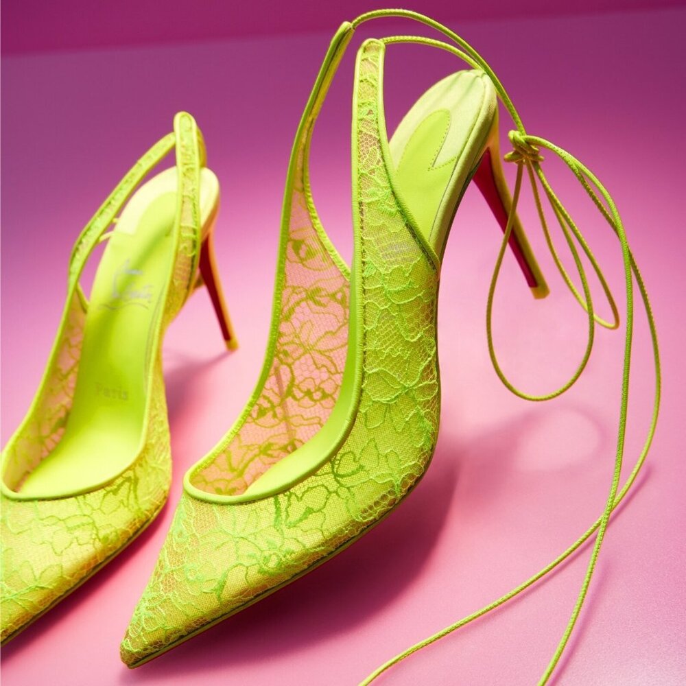 Christian Louboutin LACE UP KATE 85 Satin Heel Pumps Shoes Fluo Neon Yellow